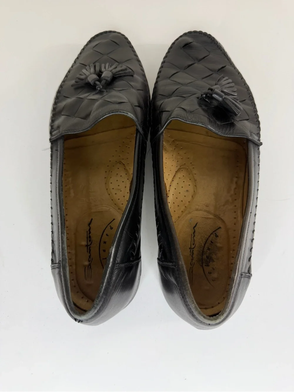 Santoni Black Woven Leather Tassel Loafers Men’s 9D  Made in Italy Handcrafted